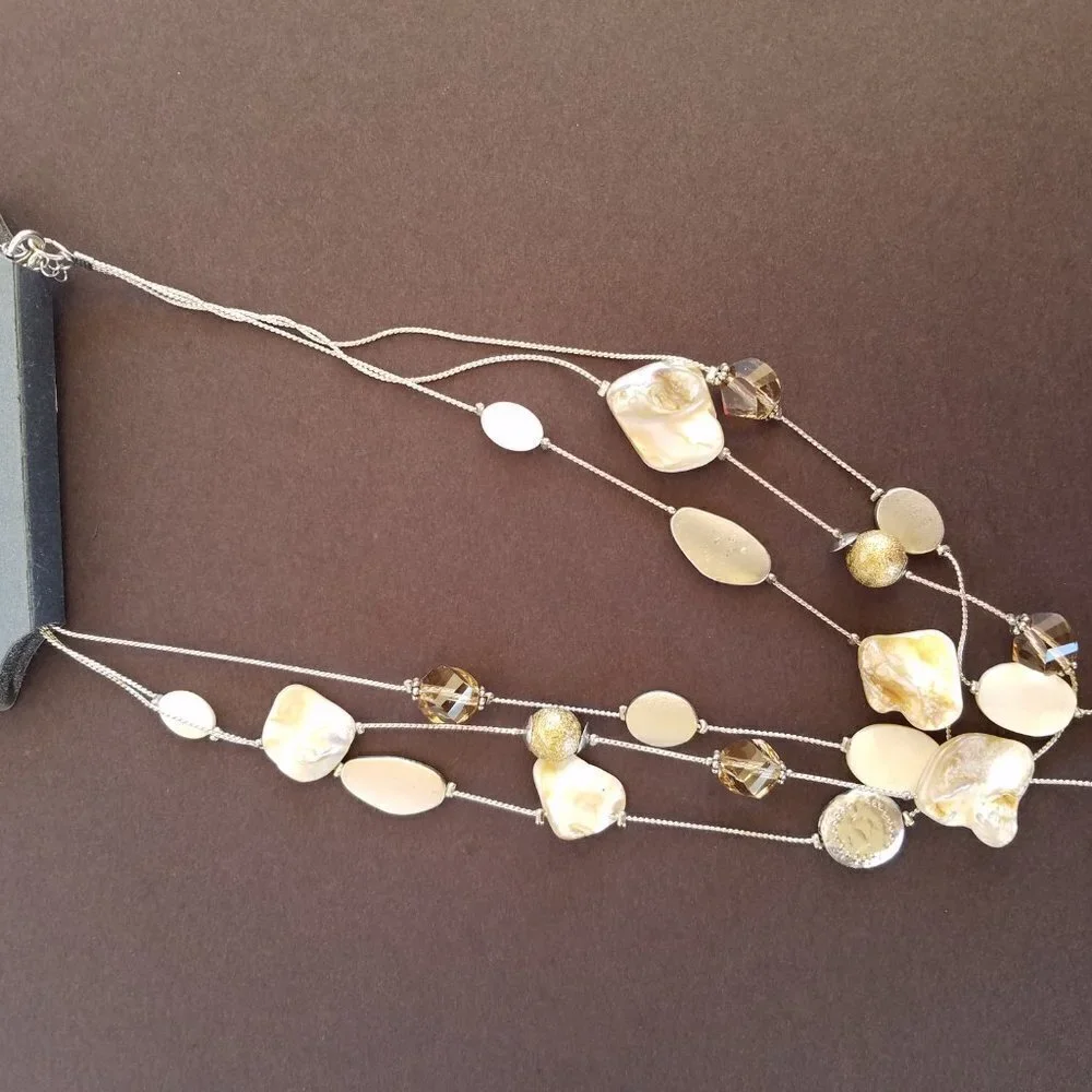 Madison Tyler Mother of Pearl Triple Strand Necklace Beige White 16” 20” plus 3”
